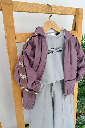 Miniğimin Cicileri Kapüşonlu Kol Taş İşleme Detaylı Kız Çocuk 3 Lü Eşofman Takım - Mor