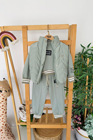 Miniğimin Cicileri Parlak Yelekli Kol Yazı Detaylı Kız Çocuk 3 lü Takım - Yeşil