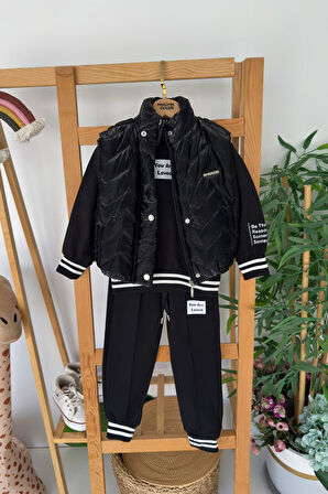 Miniğimin Cicileri Parlak Yelekli Kol Yazı Detaylı Kız Çocuk 3 lü Takım - Siyah