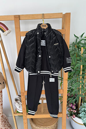 Miniğimin Cicileri Parlak Yelekli Kol Yazı Detaylı Kız Çocuk 3 lü Takım - Siyah