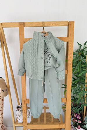 Miniğimin Cicileri Çiçek Baskılı Desenli Yelekli Kız Çocuk 3 lü Takım - Yeşil