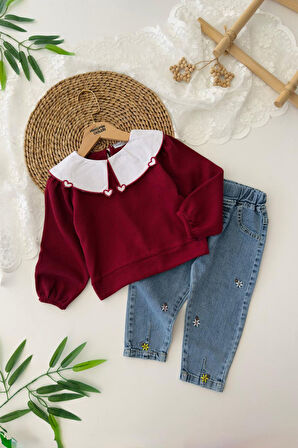 Miniğimin Cicileri Kalp Yaka Detaylı İşleme Kot Pantolonlu Kız Çocuk Takım - Bordo