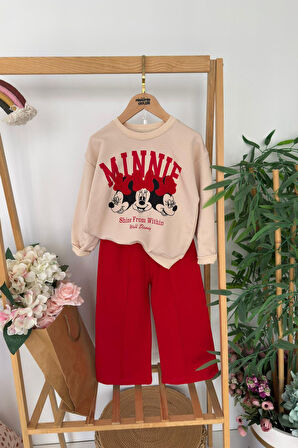Miniğimin Cicileri Mnn Baskılı Bol Paça Pantolonlu Kız Çocuk Takım - Kırmızı