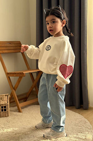 Miniğimin Cicileri Ekose Kalp Desenli Kot Pantolonlu Kız Çocuk Takım - Beyaz