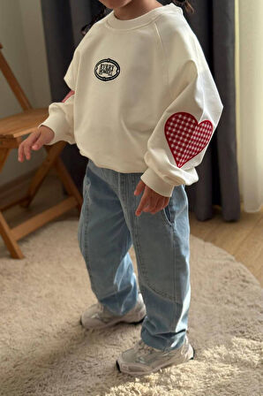 Miniğimin Cicileri Ekose Kalp Desenli Kot Pantolonlu Kız Çocuk Takım - Beyaz