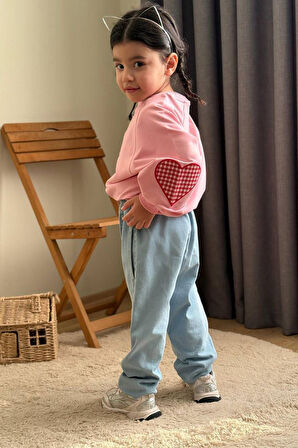 Miniğimin Cicileri Ekose Kalp Desenli Kot Pantolonlu Kız Çocuk Takım - Pembe