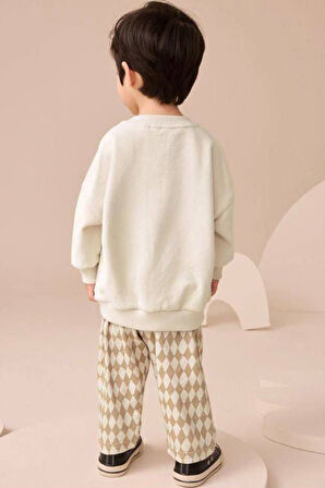 Miniğimin Cicileri Kareli Ayıcık Panç İşleme Detaylı Erkek Çocuk Takım - Krem