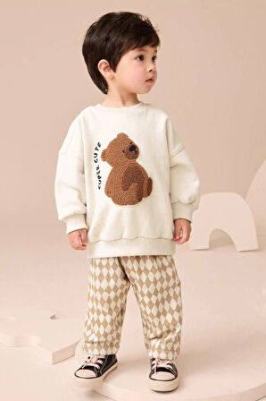 Miniğimin Cicileri Kareli Ayıcık Panç İşleme Detaylı Erkek Çocuk Takım - Krem