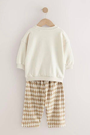 Miniğimin Cicileri Kareli Ayıcık Panç İşleme Detaylı Erkek Çocuk Takım - Krem