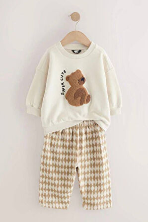Miniğimin Cicileri Kareli Ayıcık Panç İşleme Detaylı Erkek Çocuk Takım - Krem