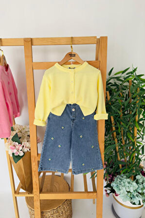 Miniğimin Cicileri Triko Hırkalı Çiçek İşleme Kotlu Kız Çocuk Takım - Sarı