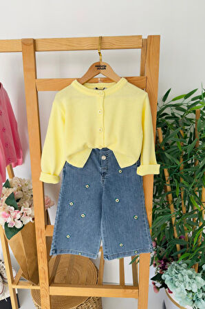 Miniğimin Cicileri Triko Hırkalı Çiçek İşleme Kotlu Kız Çocuk Takım - Sarı