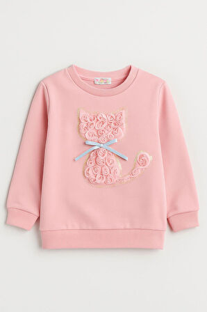Miniğimin Cicileri Kedicik Detaylı Kız Çocuk Sweatshirt - Pembe