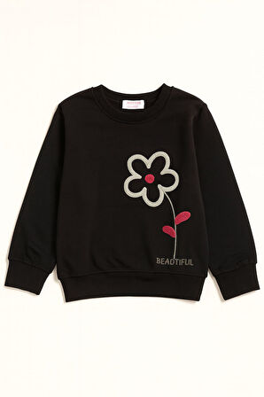 Miniğimin Cicileri Beautiful Çiçek Detaylı Kız Çocuk Sweatshirt - Siyah