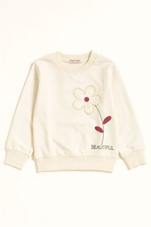 Miniğimin Cicileri Beautiful Çiçek Detaylı Kız Çocuk Sweatshirt - Beyaz