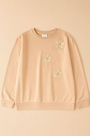 Miniğimin Cicileri Pul Çiçek İşlemeli Kız Çocuk Sweat - Krem