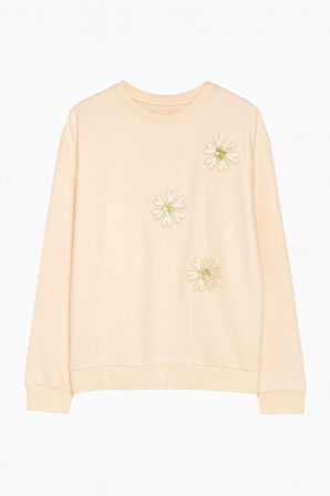 Miniğimin Cicileri Pul Çiçek İşlemeli Kız Çocuk Sweat - Krem