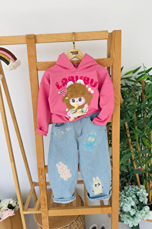 Miniğimin Cicileri Labubu Welsoft İşleme Kız Çocuk Kapüşonlu Kotlu Takım - Pembe