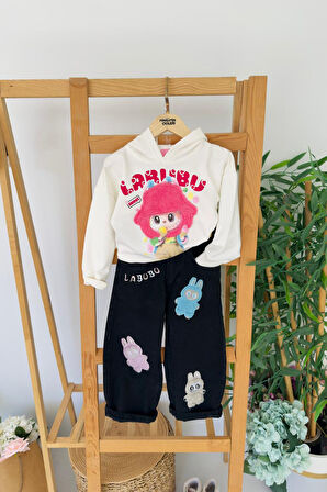 Miniğimin Cicileri Labubu Welsoft İşleme Kız Çocuk Kapüşonlu Kotlu Takım - Siyah