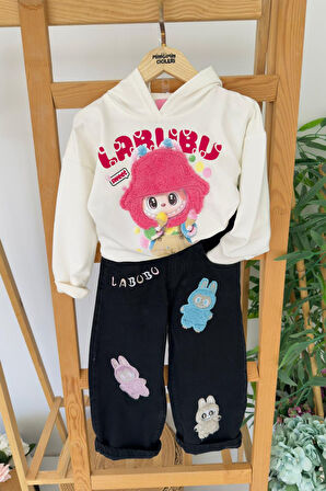 Miniğimin Cicileri Labubu Welsoft İşleme Kız Çocuk Kapüşonlu Kotlu Takım - Siyah