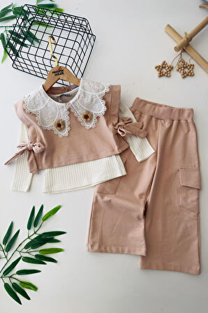 Miniğimin Cicileri Papatya Örgü Detaylı 3 lü Kız Çocuk Takım - Kahve