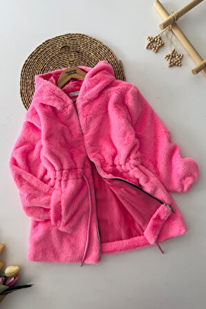 Miniğimin Cicileri Belden Bağcık Detaylı Kapüşonlu Peluş Kız Çocuk Mont - Pembe
