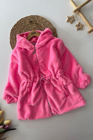 Miniğimin Cicileri Belden Bağcık Detaylı Kapüşonlu Peluş Kız Çocuk Mont - Pembe