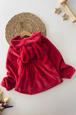 Miniğimin Cicileri Kulaklı Kapüşonlu Kız Çocuk Peluş Mont - Kırmızı