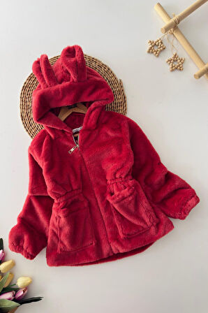 Miniğimin Cicileri Kulaklı Kapüşonlu Kız Çocuk Peluş Mont - Kırmızı