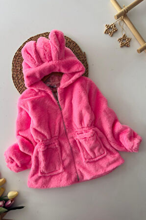 Miniğimin Cicileri Kulaklı Kapüşonlu Kız Çocuk Peluş Mont - Pembe