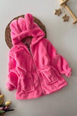 Miniğimin Cicileri Kulaklı Kapüşonlu Kız Çocuk Peluş Mont - Pembe