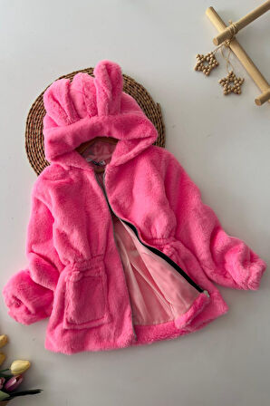 Miniğimin Cicileri Kulaklı Kapüşonlu Kız Çocuk Peluş Mont - Pembe