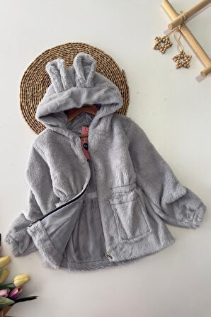 Miniğimin Cicileri Kulaklı Kapüşonlu Kız Çocuk Peluş Mont - Gri
