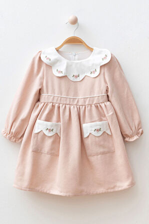 Miniğimin Cicileri Çiçek İşlemeli Yaka ve Cep Detaylı Kız Çocuk Elbise - Pembe