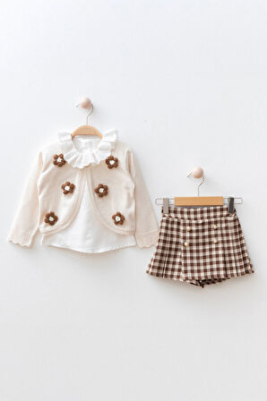 Miniğimin Cicileri Papatya Detaylı ve Ekose Şortetekli Kız Çocuk 3 lü Takım - Krem