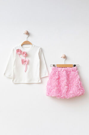 Miniğimin Cicileri 3D Çift Gül Detaylı Kız Çocuk Etekli Takım - Pembe