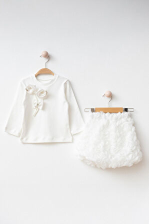 Miniğimin Cicileri 3D Çift Gül Detaylı Kız Çocuk Etekli Takım - Beyaz