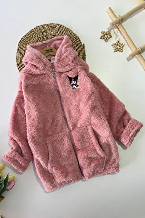 Miniğimin Cicileri Krm İşleme Detaylı Kapüşonlu Peluş Kız Çocuk Mont - Gül Kurusu