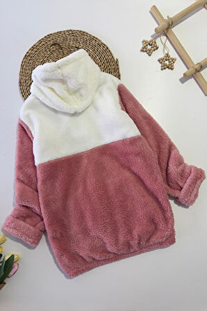 Miniğimin Cicileri Krm İşleme Çift Renk Kapüşonlu Peluş Kız Çocuk Mont - Somon