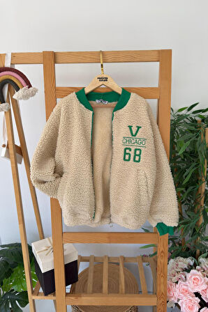 Miniğimin Cicileri V68 İşleme Detaylı Kolej Kışlık Unisex Kuzu Mont - Bej