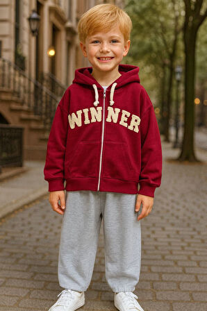 Miniğimin Cicileri Winner İşleme Kapüşonlu Hırkalı Erkek Çocuk 2 li Takım - Bordo