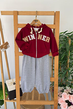 Miniğimin Cicileri Winner İşleme Kapüşonlu Hırkalı Erkek Çocuk 2 li Takım - Bordo