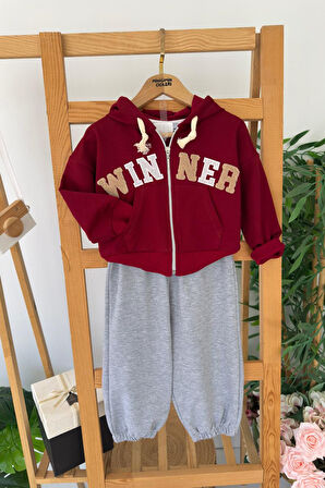 Miniğimin Cicileri Winner İşleme Kapüşonlu Hırkalı Erkek Çocuk 2 li Takım - Bordo