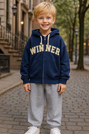 Miniğimin Cicileri Winner İşleme Kapüşonlu Hırkalı Erkek Çocuk 2 li Takım - Lacivert