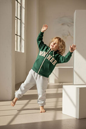 Miniğimin Cicileri Winner İşleme Kapüşonlu Hırkalı Erkek Çocuk 2 li Takım - Yeşil