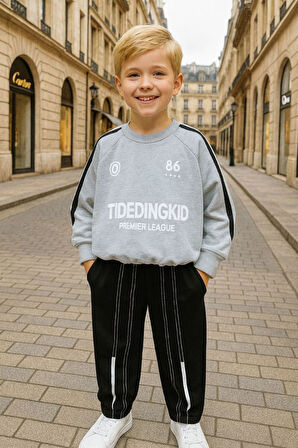 Miniğimin Cicileri Erkek Çocuk Şerit Detaylı Sweatshirt ve Eşofman Altı Spor Takım 2’li - Gri