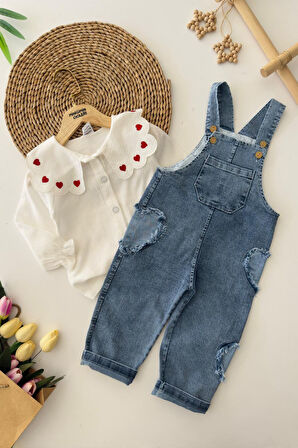 Miniğimin Cicileri Yaka Kalp İşlemeli Kot Salopetli Kız Çocuk 2 li Takım - Mavi