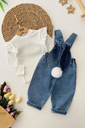 Miniğimin Cicileri Pembe Fırfırlı Uzun Kol Bluz ve Kot Askılı Tavşan Desenli Kız Bebek 2’li Tulum T