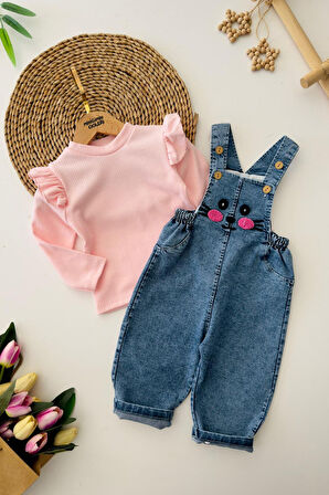 Miniğimin Cicileri Pembe Fırfırlı Uzun Kol Bluz ve Kot Askılı Tavşan Desenli Kız Bebek 2’li Tulum T