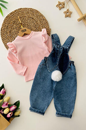 Miniğimin Cicileri Pembe Fırfırlı Uzun Kol Bluz ve Kot Askılı Tavşan Desenli Kız Bebek 2’li Tulum T